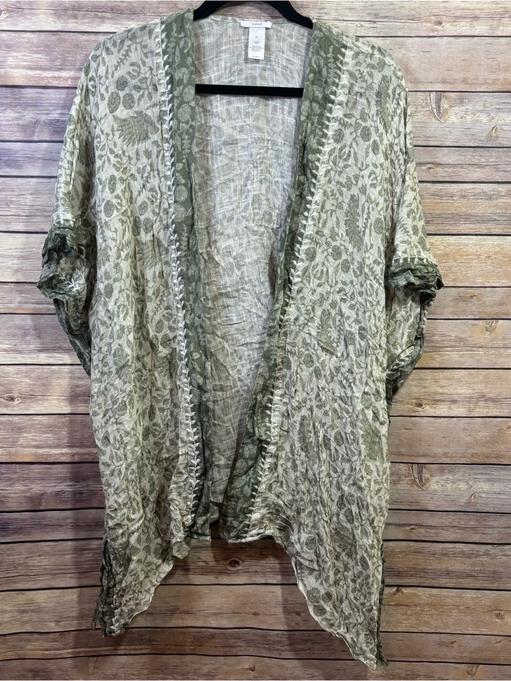 Lightweight Green Leaf Print Open Front Kimono - J Jill OS Cotton